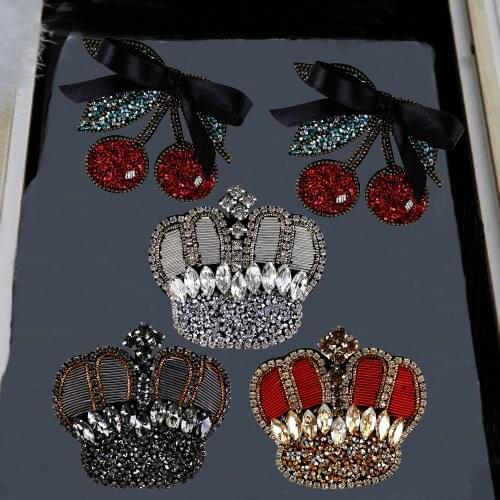 2PC Crown Rhinestone Bead Cherry Applique Patches Sew on DIY Shoes Bag Hat Phone Accessories Craft TH1320