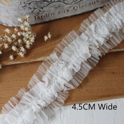 4.5CM Wide White Soft Tulle Fabric Stretch Lace Embroidered Ribbon Elastic Ruffle Trim Cuffs Neckline DIY Sewing Appliques Decor