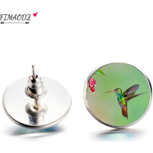 FIMAODZ Hummingbird Earrings Owl Parrot Art Flower Picture Glass Cabochon Stud Earring Handmade Jewelry