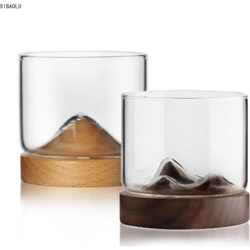 Mountain Whiskey Glass with Wooden Base Creative Beer Glass Wine Water Tea Cup Whiskey Glasses Set Bar Drinkware Accessories