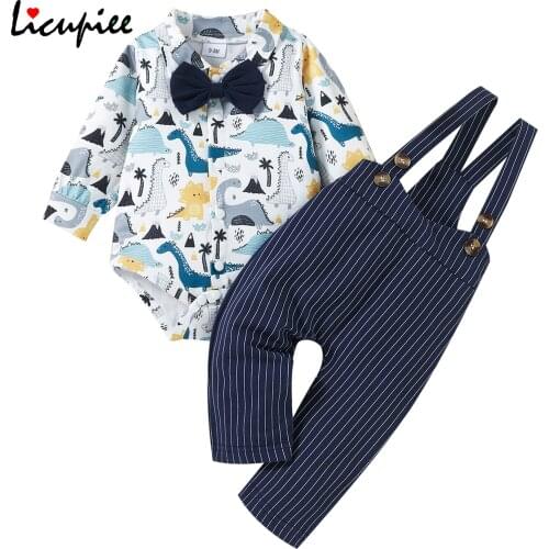 0-24 Months Newborn Long-sleeved Romper + Suspender Trousers Gentleman Style Dinosaur Print Casual Style Spring Clothing