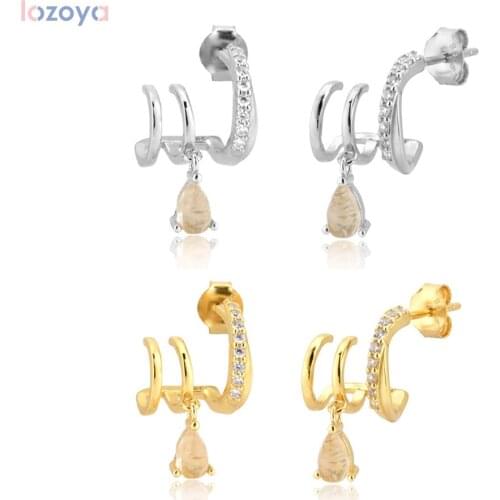 LOZOYA 100% 925 Sterling Silver Modern Crystal Jewelry Gemstone Ovals Hoops Circle Triple Loops Women ROund For Rock Punk