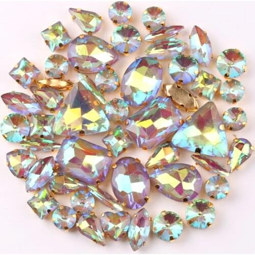 Gold claw setting 50pcs/bag shapes mix jelly candy Lt topaz AB glass crystal sew on rhinestone wedding dress shoes bags diy