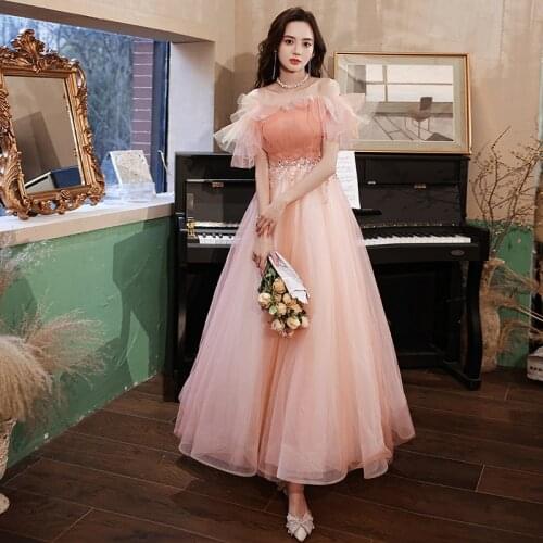 New Ruffles Short Sleeves Evening Dress Boat Neck Fashion Empire Appliques Ankle-Length Lace Up Woman Formal Party Gowns A1359