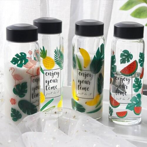 New Fashion Creative Flamingos Glass Water Bottle Pineapple Banana Watermelon Women Office Portable Drinking Bottles Gift
