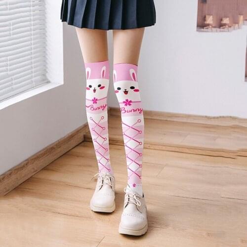 Richkeda Store New 2021 3D Printed Pink Long Socks Girls Cute Rabbit The Over Knee Fashion Sexy Nylon Stocking Happy Cartoon
