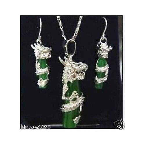 New Style Hot sale**** green jade silver plate dragon Necklace earring set Fashion Wedding Party Jewellery