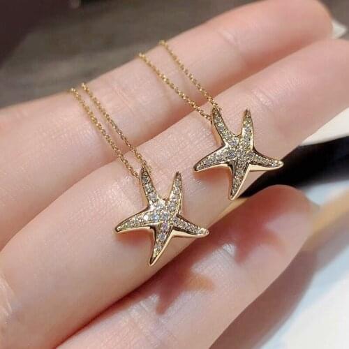 Cute Choker Gold Star 925 Silver Starfish Pendant Necklace for Women Bright Paved Zirconia Chain Trendy Wedding Jewelry 2021
