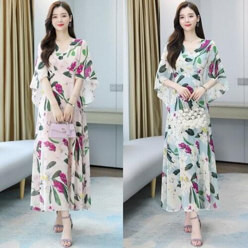 New Korean version of the large size dress with large swing dress is elegant and large swing chiffon printed skirt