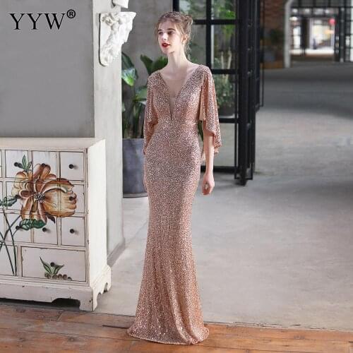 2021 Luxury V Neck Long Mermaid Evening Dresses Women Gilter Shinningg Sequined Dress Formal Party Gowns Cocktail Vestidos Robe