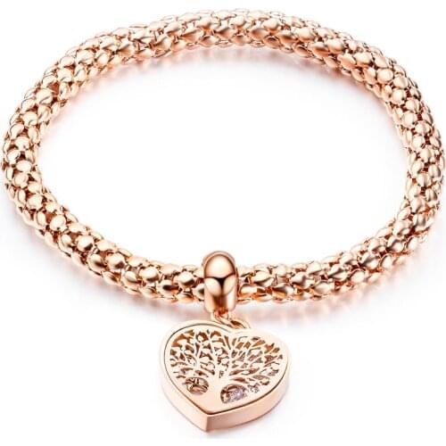 Rose Gold Color Hollow Tree of Life CZ Bangle Bracelet For Women Trendy Stainless Steel Cuff Hand Jewelry Gift Dropshipping