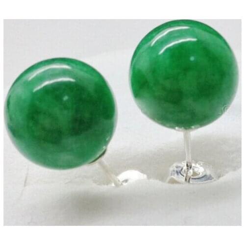 Genuine 10mm Natural Green Jade Silver Stud Earrings