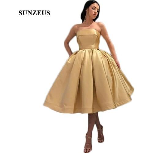 Strapless Light Gold Prom Dresses Short Puffy Ball Gown Girls Party Dresses Knee Length Homecoming Dresses galajurken SP06