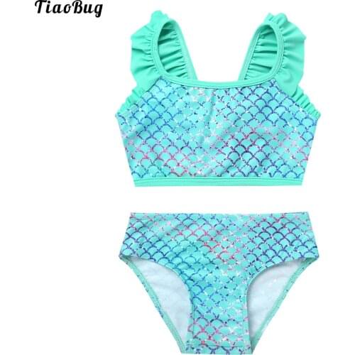 TiaoBug Summer Little Girls Kids Two Pieces Green Fish Scales Tankini Swimsuit Top With Briefs Set Beachwear Swimwear