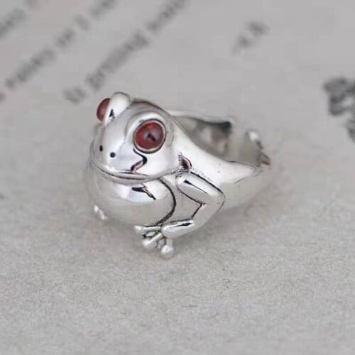 Vintage Silver Color Frog Ring Retro Creative Personality Animal Unisex Red Garnet Frog Open Adjustable Rings Classic Jewelry