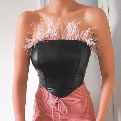 Women Pink Fur Black PU Leather Tank Tops Feather Cropped Tops Sleeveless Kawaii Strapless Sexy Bustier Lingerie Party Tank Vest