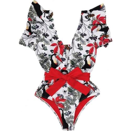 Summer Ladies Sexy One-Piece Monokini Deep V Neck Floral Print Swimsuit Summer Ladies Summer Beachwear