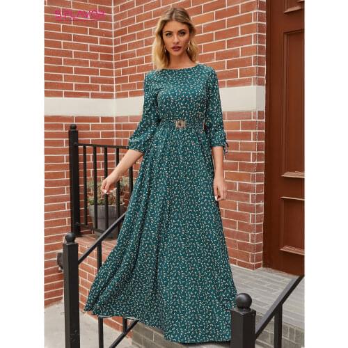 S.FLAVOR Women Floral Printed Long Dresses Elegant 3/4 Sleeve Boho Maxi Vestidos Bohemion Women Winter Dress Casual Clothes