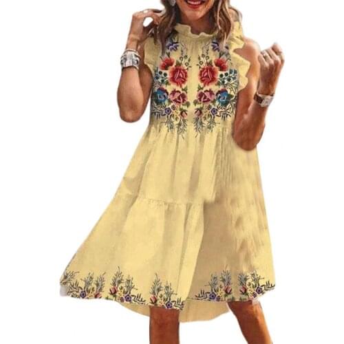 Fashion Dress Floral Print Loose Women Sleeveless Ruffle Knee-length Streetwear for Party Dress for Women Vintage платье 2021