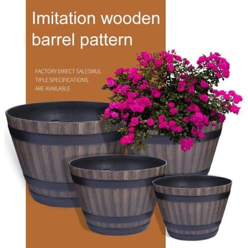 Imitation Wooden Barrel Flower Pot Walnut Color Thick And Durable Large Capacity Retro Planter for Home and Garden A1