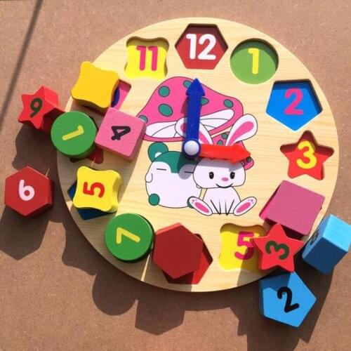 Wooden Cartoon Block Clock Toys Early Educational Beaded Geometry Digital Puzzles Clock Non-Toxic Preschool Baby Montessori Toys