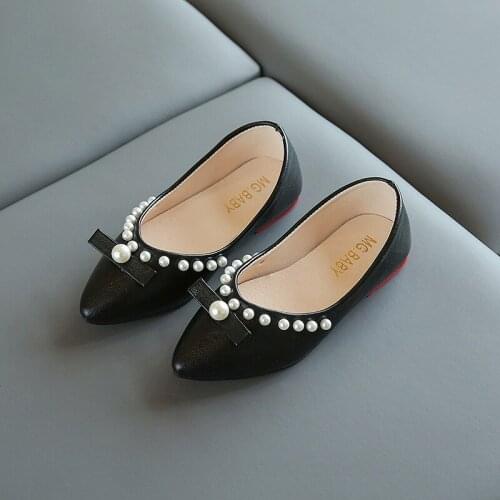 Children Pearl Leather Shoes Autumn 2021 New Girls Bow Princess Shoes Fashion Sweet Cute Girls Soft Flat Casual Shoes G225