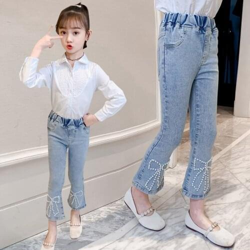 Jeans for Girls High Waist Denim Pants Slim Trousers Beaded Bottoms Children Skinny Jeans Teenager Clothing 4 7 9 11 14 Years