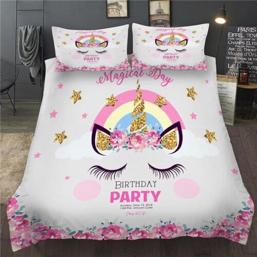 Eyelash Unicorn Bedding Set Flower Printed Queen King Bed Clothes Twin Single Double Duvet Cover Set For Girls Women Gift