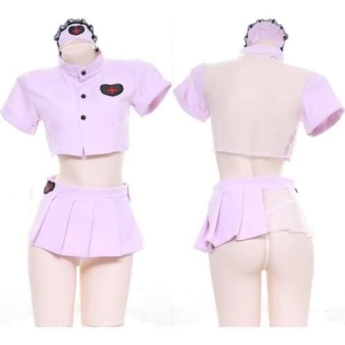 Japanese Anime Sexy Nurse Pink Lingerie Set Hollow Out Underwear Patent Women Bikini Intimates Bra Panty Set Cosplay Party Gifts