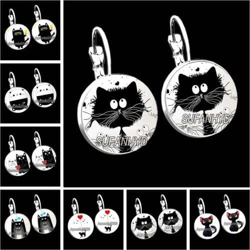 Cute Furry Cat Girl Stud Earrings Naughty Little Cat Glass Cabochon French Hook Earrings I Love My Cat Women Earrings
