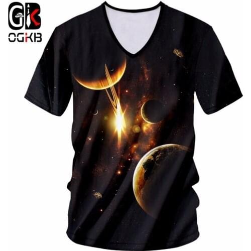 OGKB Summer Tops Mens V Neck Tshirt Cool 3D Print Galaxy Space T-shirt Moon T Shirts Man Hiphop Streetwear Punk Tee Shirts 7XL