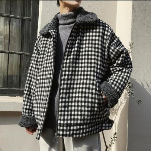 M-xl Autumn And Winter Lamb Hair Coat Men Trend Korean Version Lattice Loose Lapel Thick Cotton Coat Student Cotton Jackets