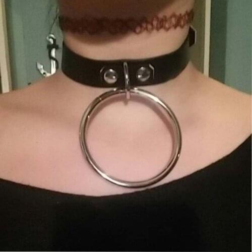 Punk Gothic Pastel Bondage Collar Handmade Leather Exaggerate Big Large O Round Hanging Choker Necklace