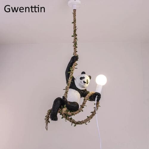 Resin Panda Led Pendant Lights Vintage Hemp Rope Kitchen Hanging Lamps Home Decor Dining Room Light Fixtures Bar Industrial Lamp