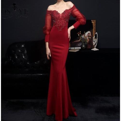 Deep Red Evening Dress Mermaid Long Sleeves Party Dress Off the Shoulder Formal Party Gown Bead Lace Appliques Stretch Dress