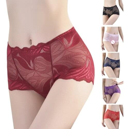 Women Mid Rise Breathable Seamless Panies Underwear Sexy Translucent Hollow Out Floral Lace Briefs Cotton Crotch Thong