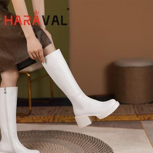 HARAVAL Women High Heels Boots Shoes Black Brown White Motorcycle Boots Elegant Round Toe Spring/Autumn Knee-High Boot E383L