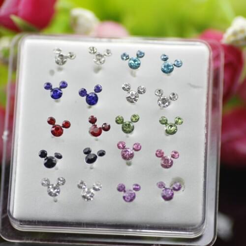20PCS Womens Fashion Jewelry 925 Sterling Silver Stud Earring Mixed Color Crystal Mickey Shape Ear Stud
