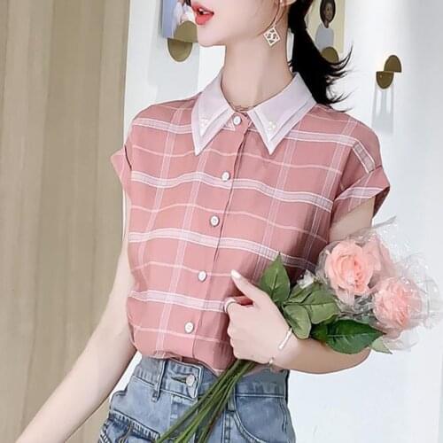 Womens Spring Summer Style Chiffon Blouses Shirts Womens Short Sleeve Peter pan Collar Button Korean Tops SP516