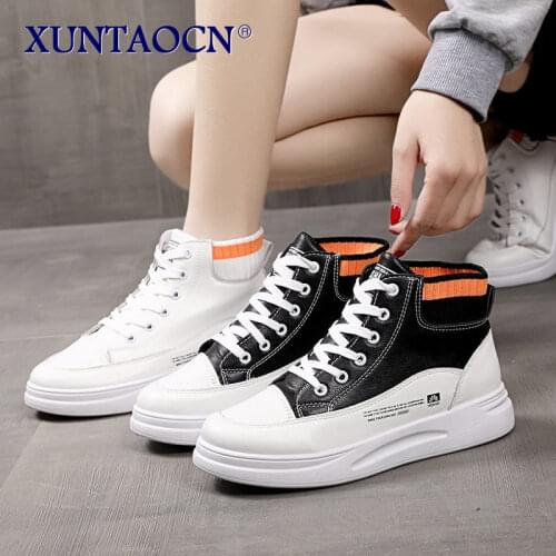 2021 Women White High Top Sneakers Female Walking Sports Shoes Woman PU Leather Flat Shoes Ladies Inner Heightening Sneakers