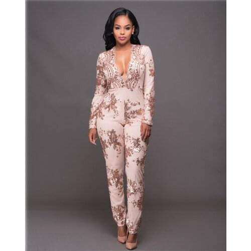 Sequin Jumpsuit Women Deep V neck Long Sleeve Bodycon Jumpsuits Sexy mesh Patchwork Rompers ladies Glitter Club Party Overalls