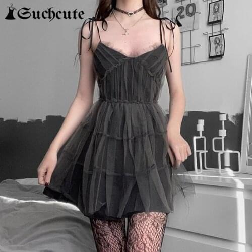 SUCHCUTE Goth Aesthetics Mesh Patchwork Mini Dress For Women Dark Academia Fashion Sexy Spaghetti Strap Ladies Dress 2021 Summer