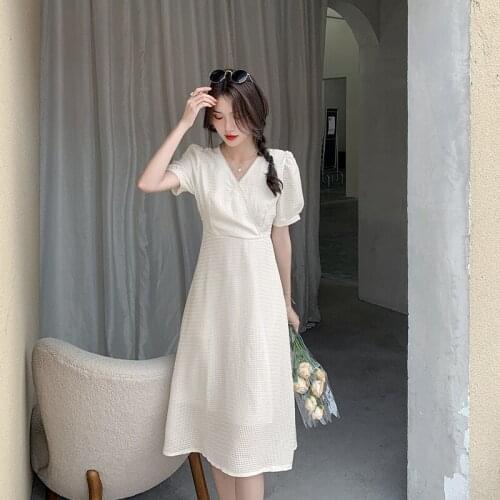 Woman Dress 2021 Summer New Solid Color Bellflower Dress V-neck Beaded Puff Sleeves High Waist A-line Dress Mid-length Dress