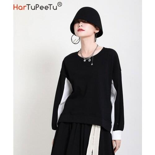 2020 Fall Women Irregular Hoodie White Black Patchwork Plus Size Loose Long Sleeve Cotton Blend Basic Pullover Tops New Arrival