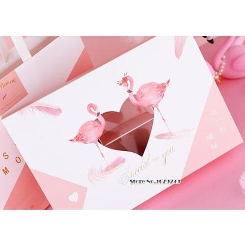 50x Pink color Flamingo pattern MoonCake box,sugar candy biscuit paper box with heart shape window,snacks Packaging gift Boxes