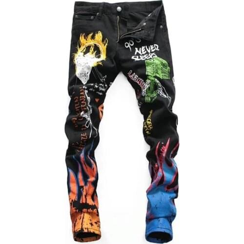 Fashion Streetwear Men Jeans Black Color Paint Printed Jeans Men Designer Hip Hop Pants Slim Fit Elastic Punk Style Pencil Pants