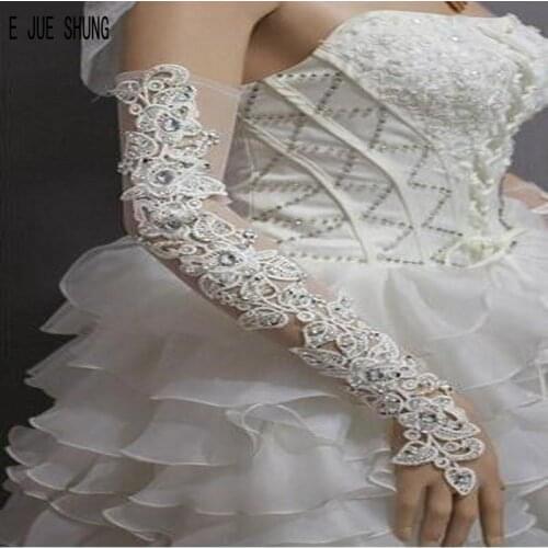 E JUE SHUNG White Long Bridal Gloves With Crystal Wedding Gloves Appliqued Fingerless Formal Women Glove Wedding Accessories