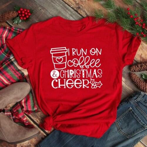 I Run On Coffee & Christmas Cheer T-shirt Funny Women Christmas Holiday Tshirt Cute Winter Graphic Coffee Lover Gift Tops Tees
