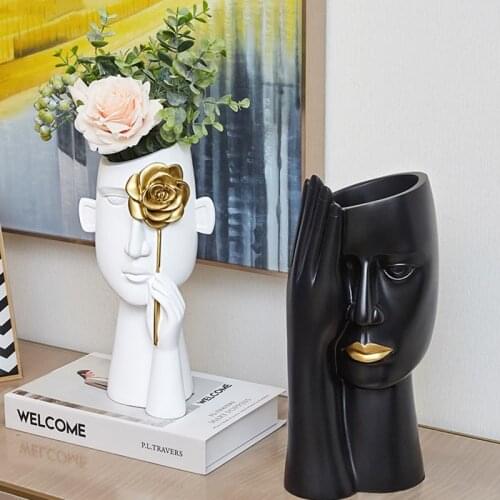 [HHT] Nordic Minimalist Portrait Vases Resin Sculpture Black Human Head Vase Pot Office Desk Flower Arrangement Home Decoration