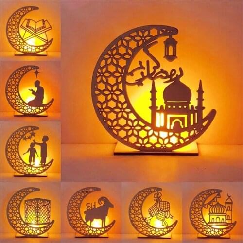 EID Mubarak Wooden Pendant with LED Candles Light Ramadan Decorations For Home Islamic Muslim Party Eid Decor Kareem Ramadan